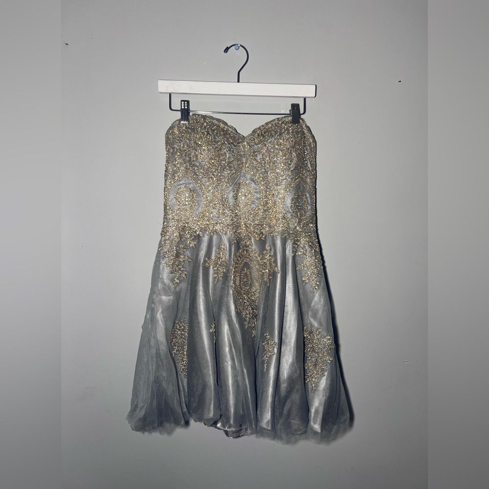 Blondie Nites Women’s Prom Ball Gown Sequin Beaded Gold Silver Mini Flare Dress